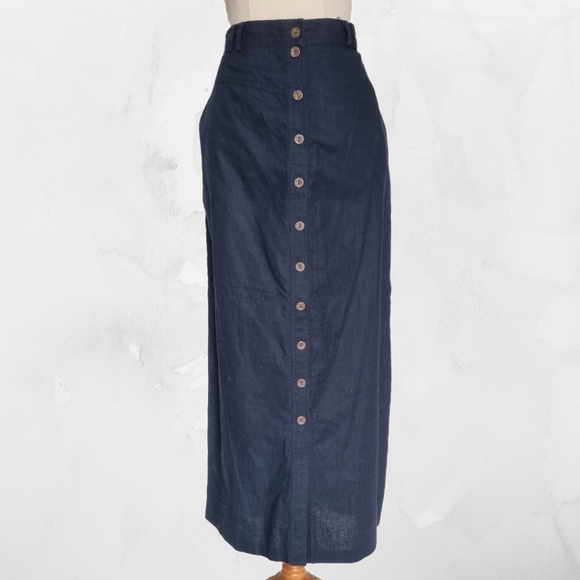 Katies Dresses & Skirts - Katies Navy Blue Linen Blend Button Down Midi Skirt Vintage 90s Size 16